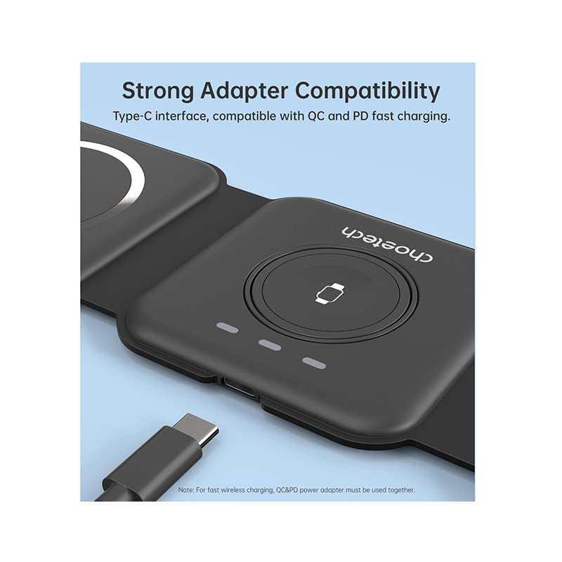 Choetech Foldable 3-in-1 Magnetic Wireless Travel Charger - Black - Black