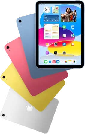 Front view iPad shows home screen, behind are four back facing iPad models in blue, pink, yellow, and silver