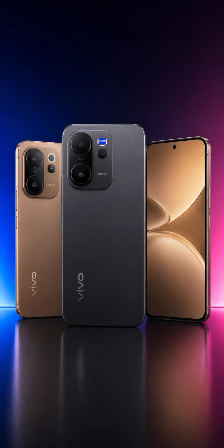 The image displays three vivo smartphones, with the central one being a matte black model featuring a prominent dual-camera module and a blue zeiss logo above it.