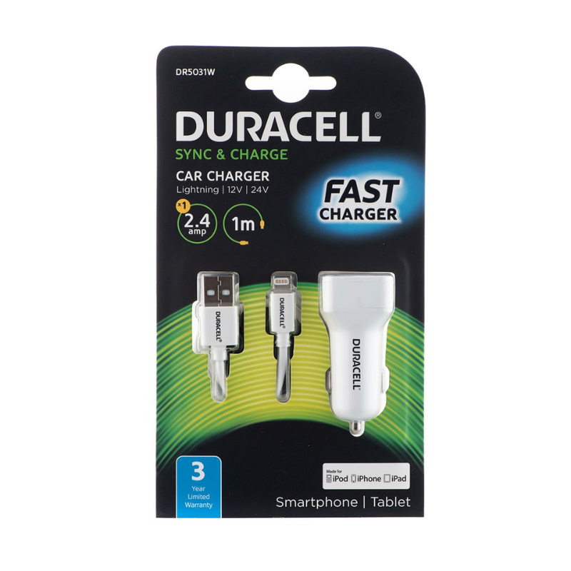 Duracell 2.4A Car Charger + 1m 8 Pin MFI Cable White - White