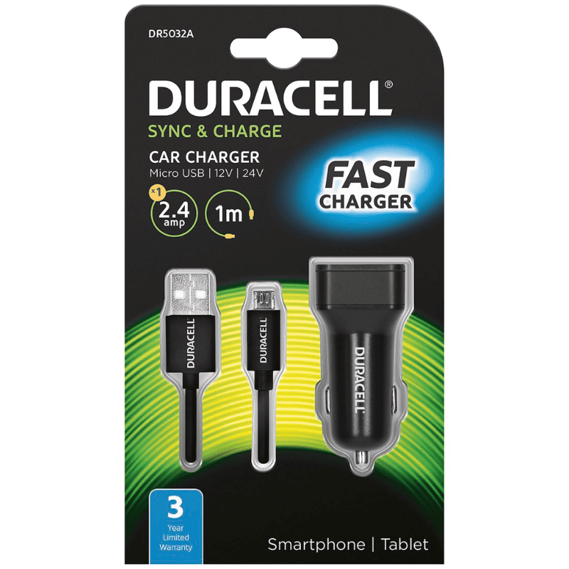 Duracell 2.4A Car Charger + 1m Micro USB Cable - Black - Black