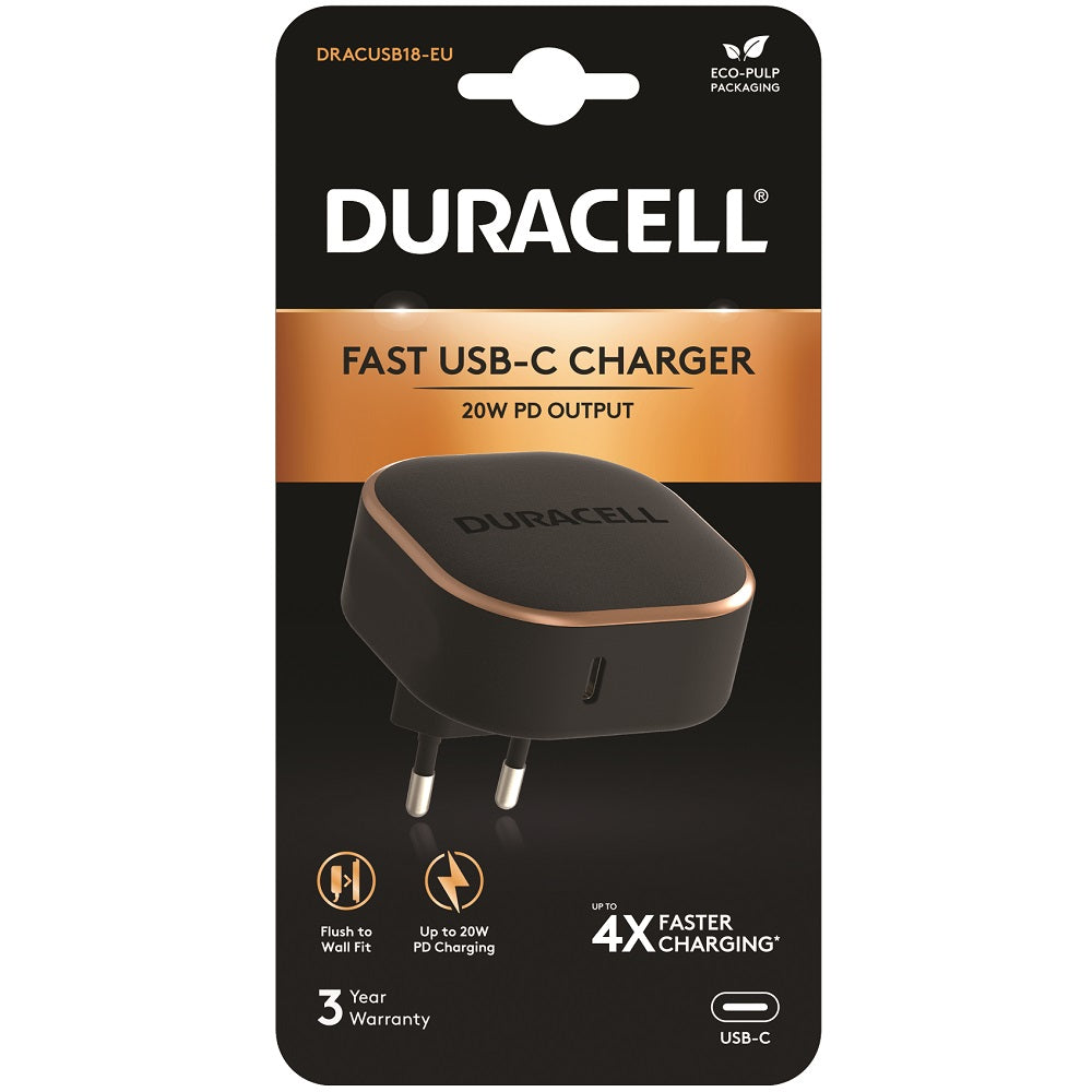 Duracell 20W PD Fast USB Type C Wall Charger - Black - Black