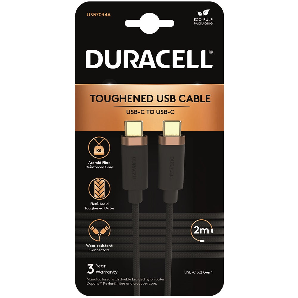 Duracell 2M USB Type C to USB Type C 3.2 Gen1 Braided Cable - Black - Black