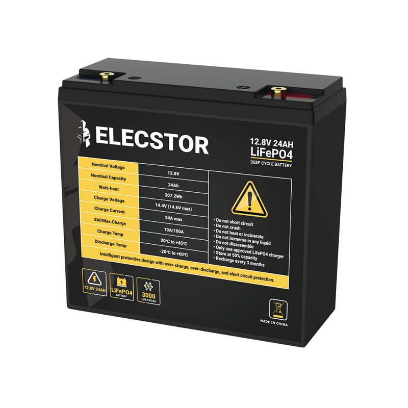 Elecstor 12V 24AH Lithium Battery LIFEPO4 Alarm or Gate Motor Replacement - Black