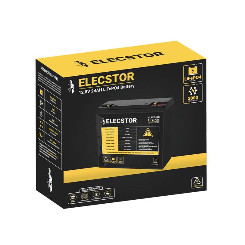 Elecstor 12V 24AH Lithium Battery LIFEPO4 Alarm or Gate Motor Replacement - Black