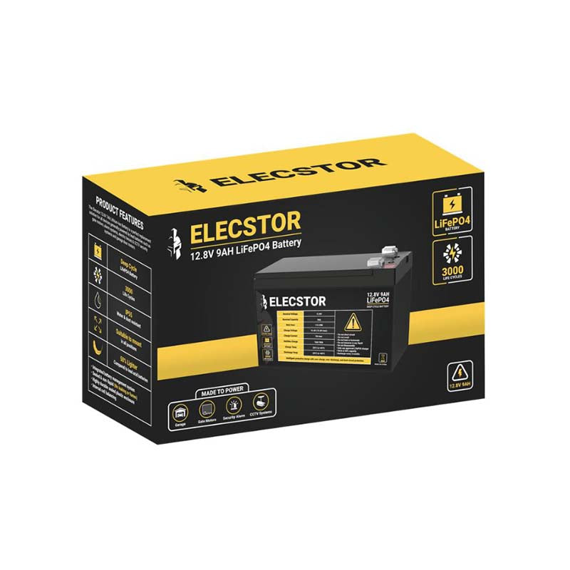 Elecstor 12V 9A LIFEPO4 Lithium Battery LIFEPO4 Alarm or Gate Motor Replacement - Black