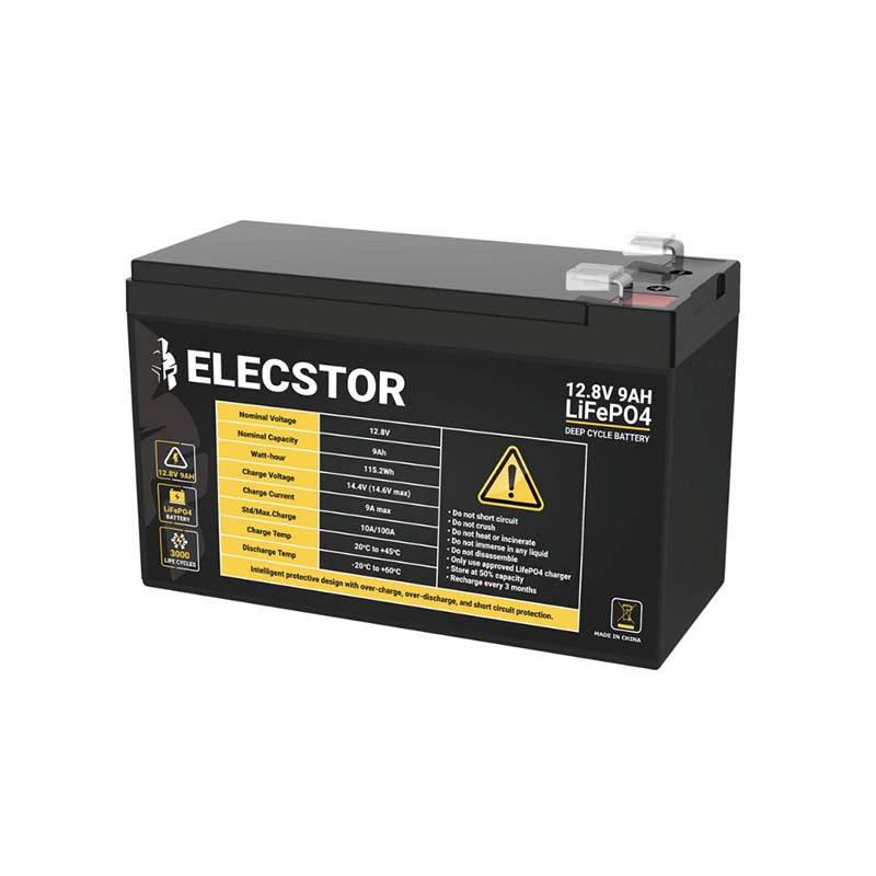 Elecstor 12V 9A LIFEPO4 Lithium Battery LIFEPO4 Alarm or Gate Motor Replacement - Black