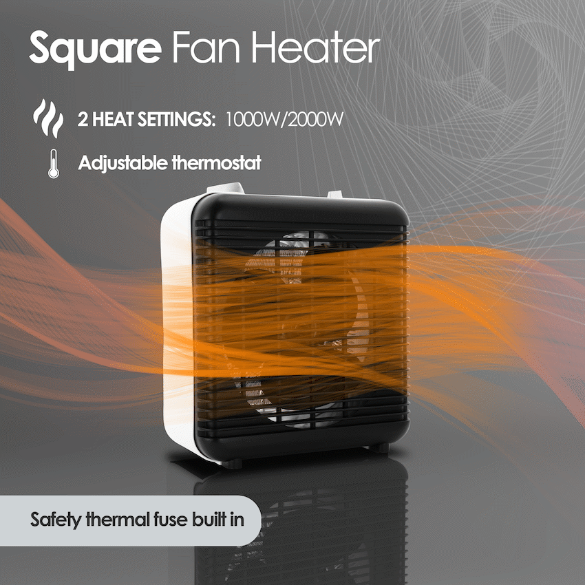 Elektra Square 2000W Fan Heater with Adjustable Thermostat - White - White - Kitchen and Home