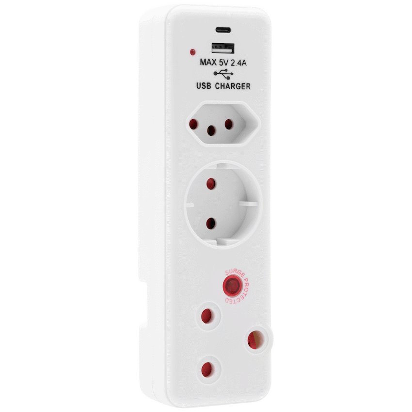 Ellies 3 Way Surge Protection Adaptor with USB and Type C Schuko - White - Electrical