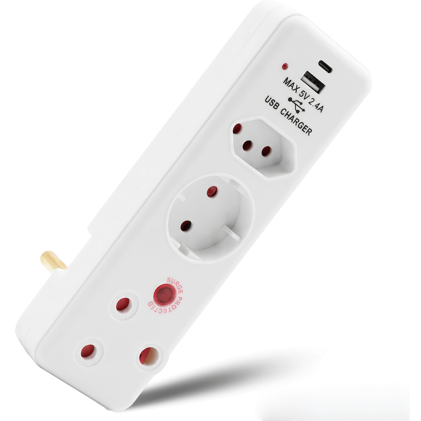Ellies 3 Way Surge Protection Adaptor with USB and Type C Schuko - White - Electrical