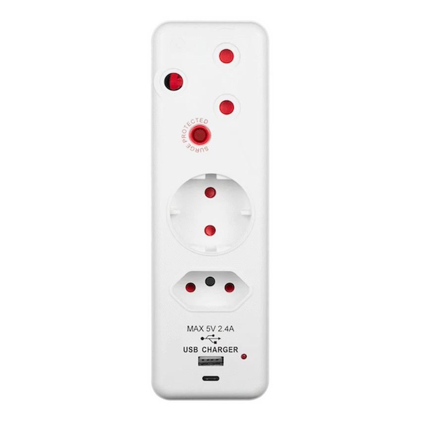 Ellies 3 Way Surge Protection Adaptor with USB and Type C Schuko - White - Electrical