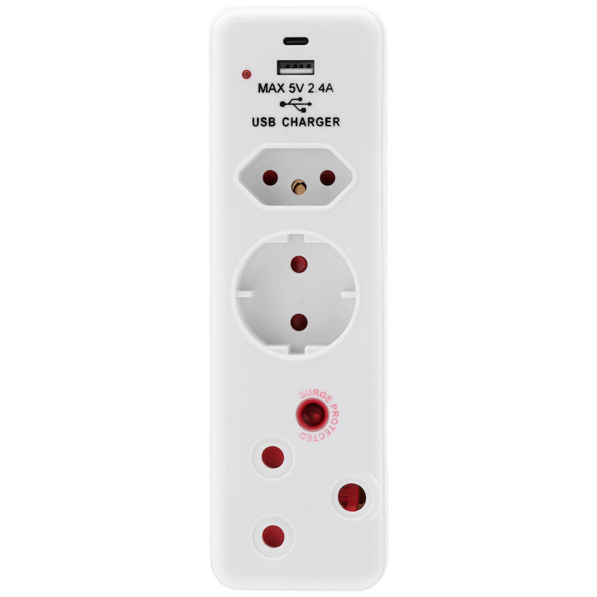 Ellies 3 Way Surge Protection Adaptor with USB and Type C Schuko - White - Electrical
