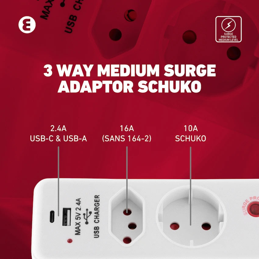 Ellies 3 Way Surge Protection Adaptor with USB and Type C Schuko ...