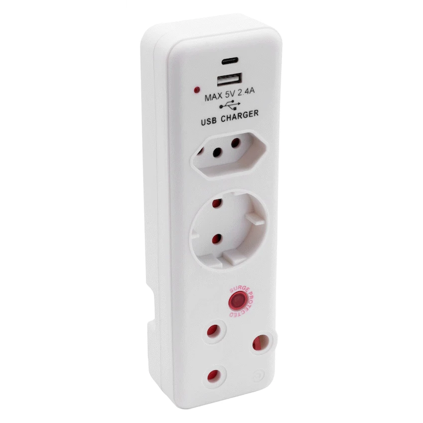 Three Way Type C Ellies 3 Way Surge Protection Adaptor with USB and Type C Schuko ...