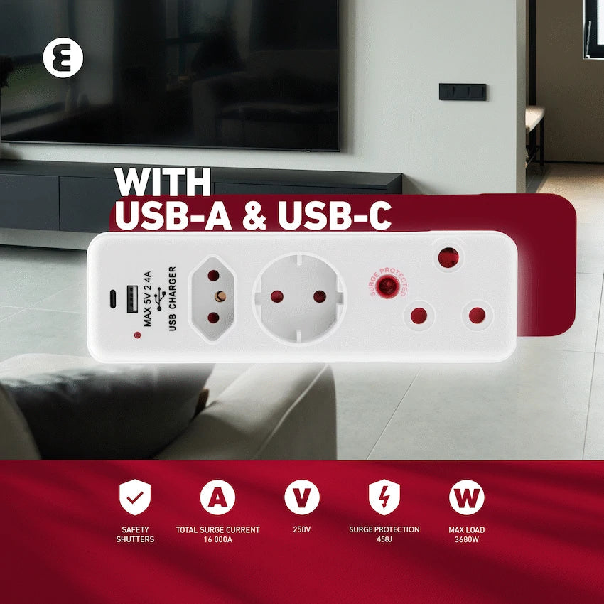 Ellies 3 Way Surge Protection Adaptor with USB and Type C Schuko ...
