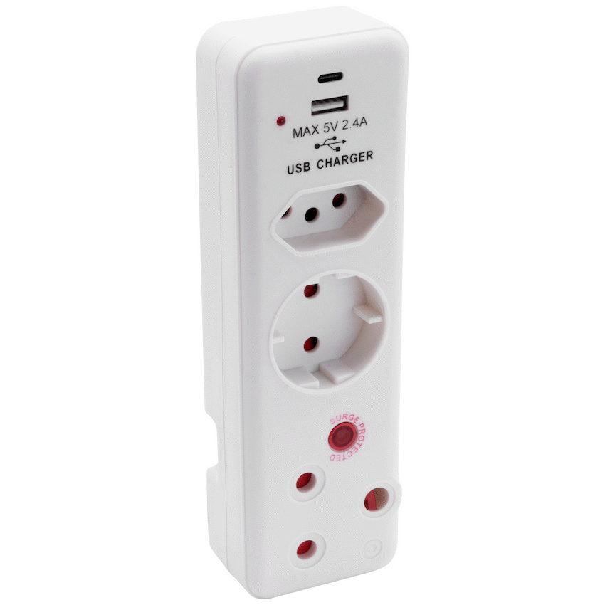 Ellies 3 Way Surge Protection Adaptor with USB and Type C Schuko - White - Electrical
