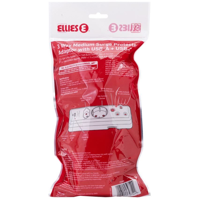 Ellies 3 Way Surge Protection Adaptor with USB and Type C Schuko - White - Electrical