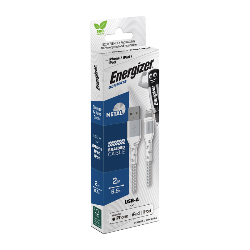 Energizer 2m USB A to Lightning Cable - White - White