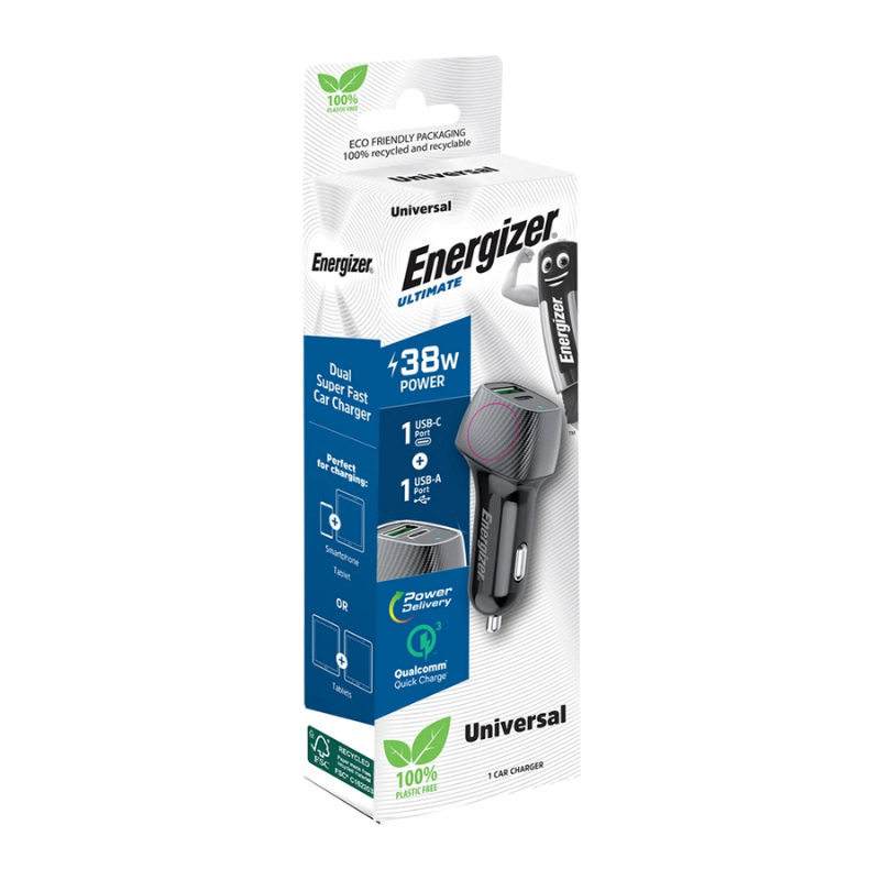 Energizer 38W Dual USB A And Type C Car Charger - Black - Black