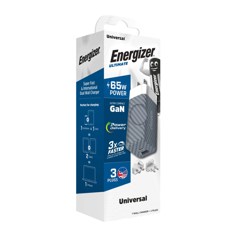 Energizer 65W Dual USB A And Type C Wall Charger - Sliver/White - White