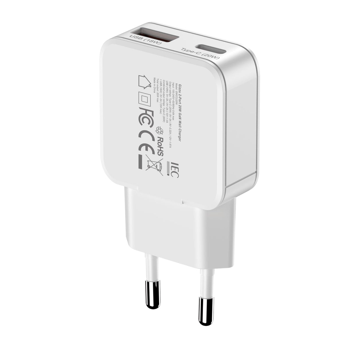Gizzu 2-Port 20W GaN Wall Charger - White