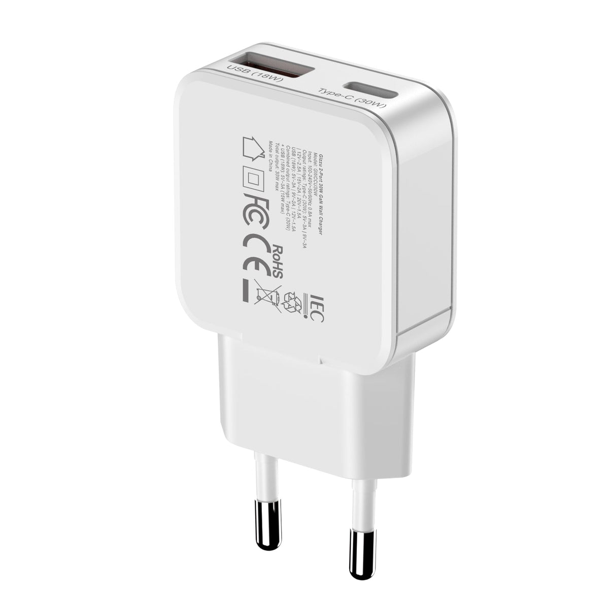 Gizzu 2-Port 30W GaN Wall Charger - White - White