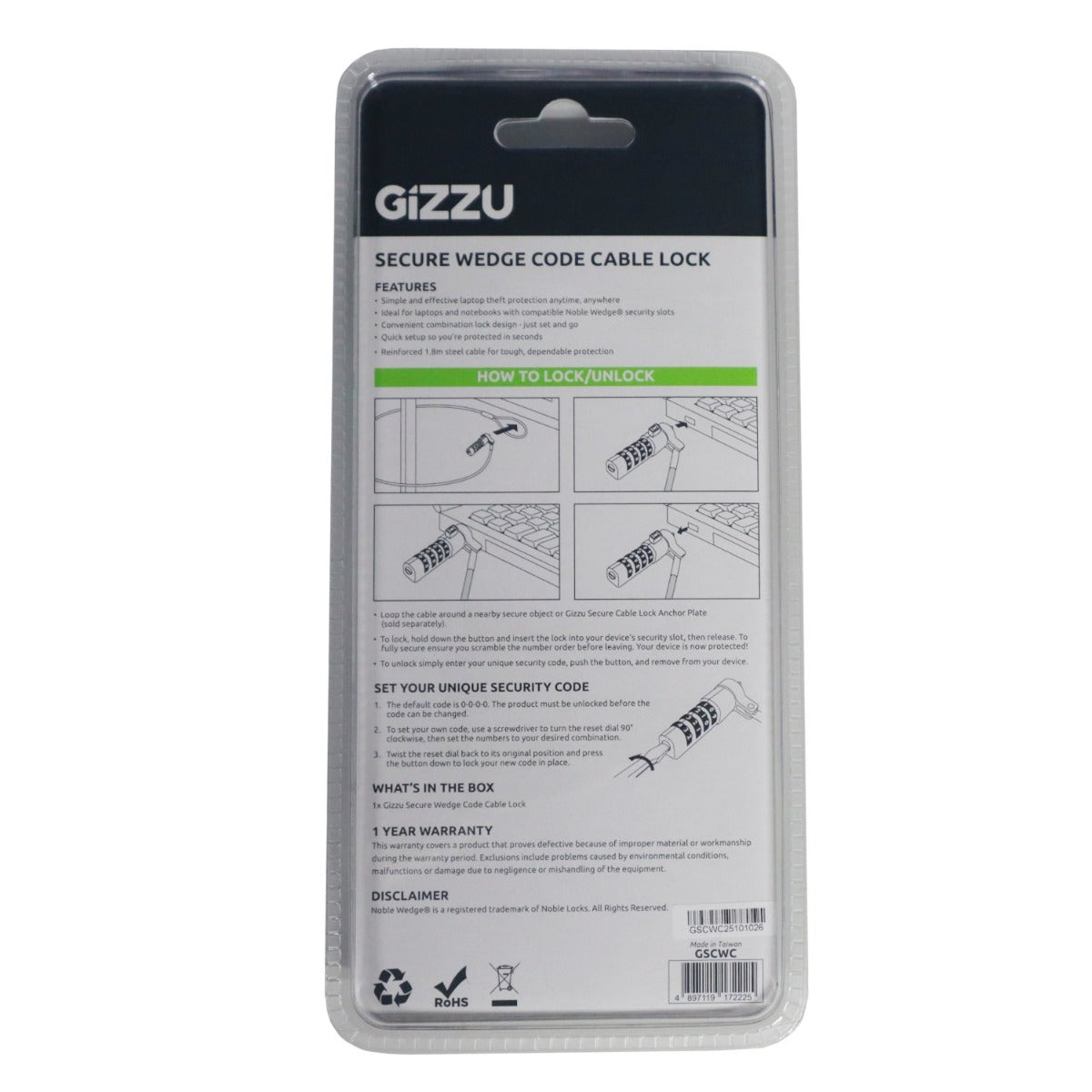 Gizzu Secure Wedge Code Cable Lock 1.8m - Silver