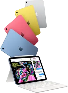iPad in blue, pink, yellow, and silver colors and iPad attached to the Magic Keyboard Folio with Apple Pencil