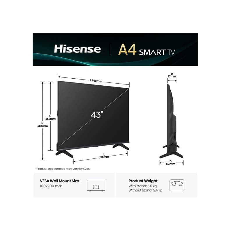 Hisense 43A4Q 43 Inch FHD VIDAA Smart TV - Black