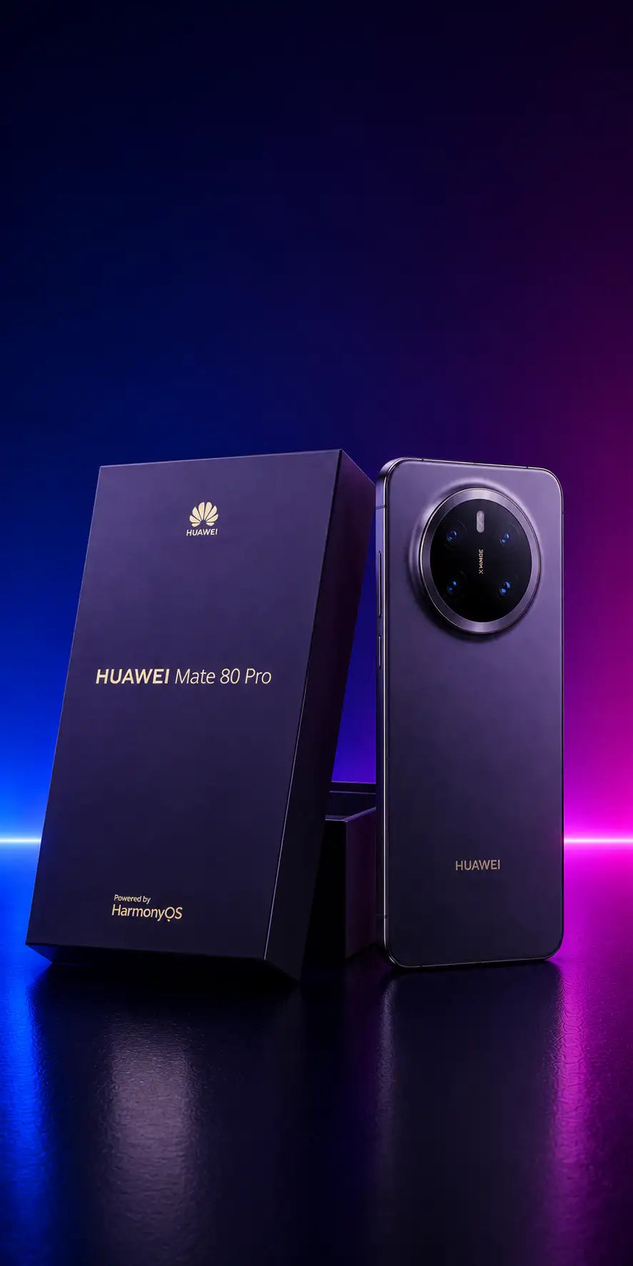 Huawei mate 80 pro smartphone with a sleek, dark metallic finish and a distinctive circular camera module.