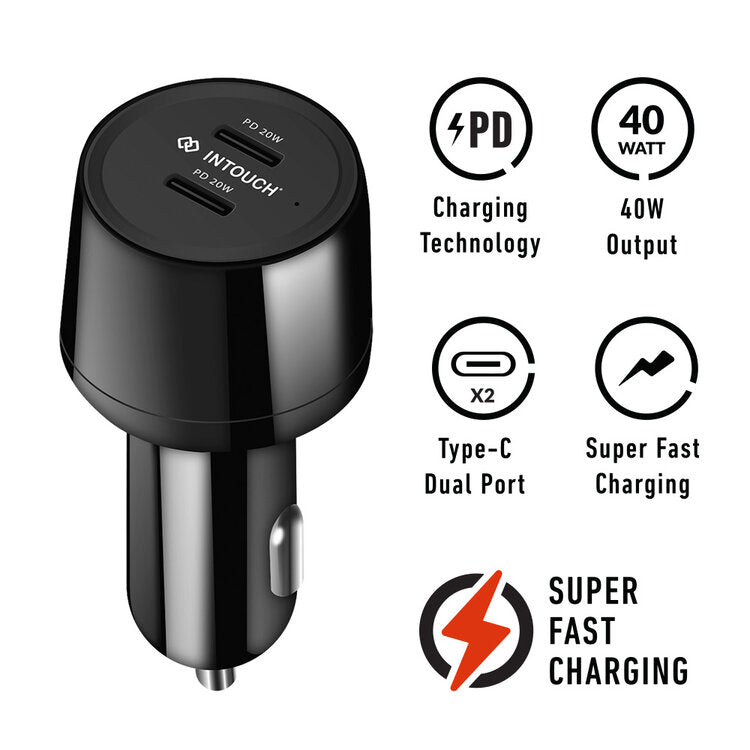 Intouch 40W Dual Type C Port PD Car Charger - Black - Black