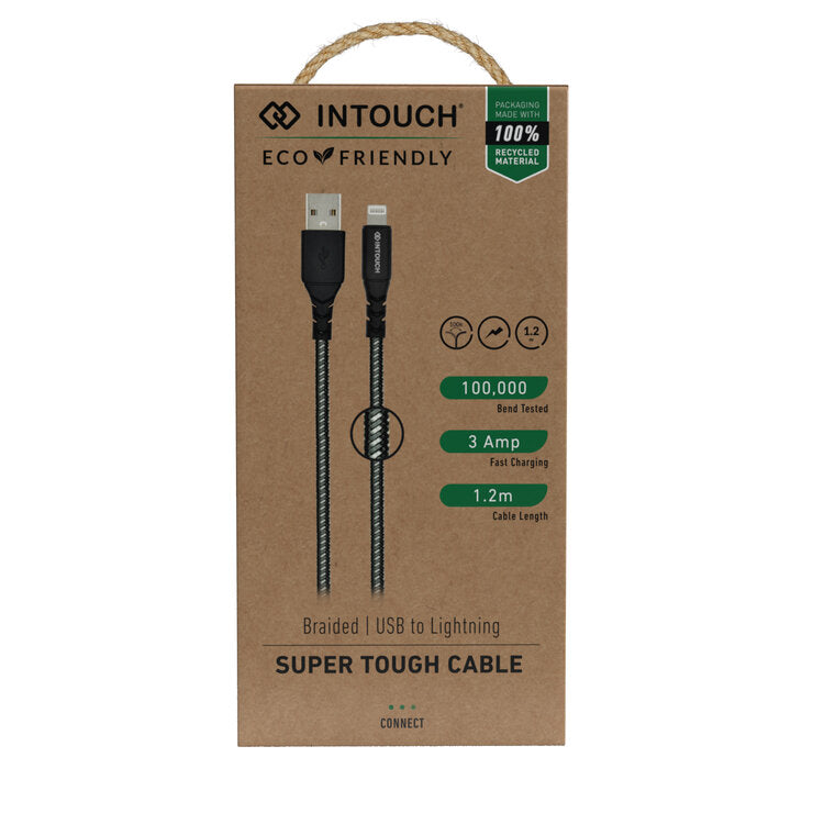 Intouch IOS Lightning Tough Braided 3A 1.2M Cable - Black - Black