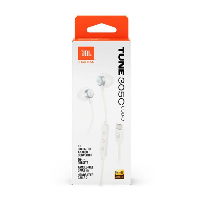 JBL Tune 305C USB-C Wired Hi-Res Earbuds - White - White