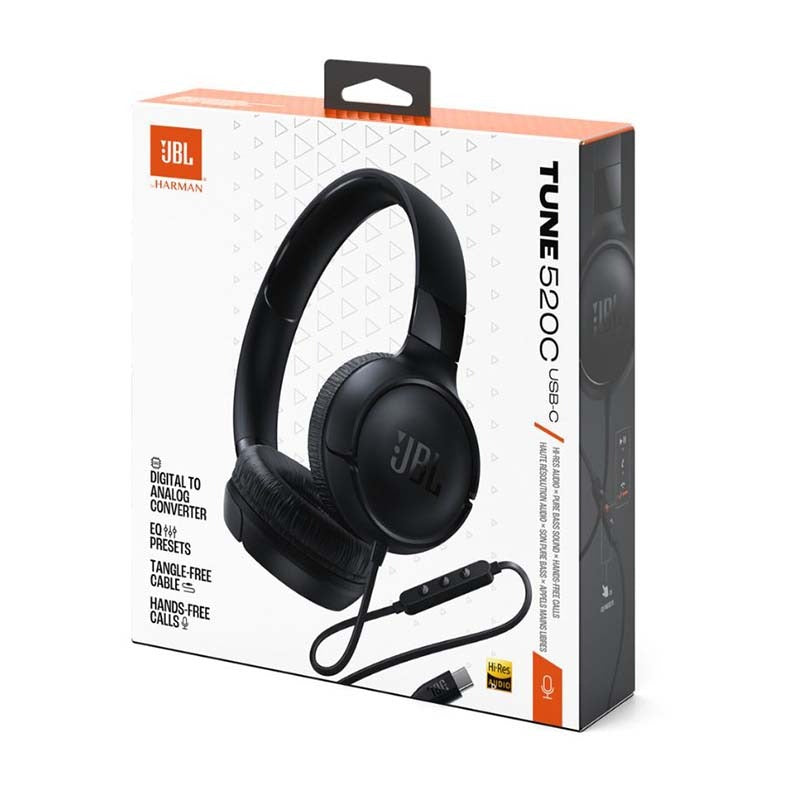 JBL Tune 520C Hi-Res Wired On Ear Headphones - Black - Black