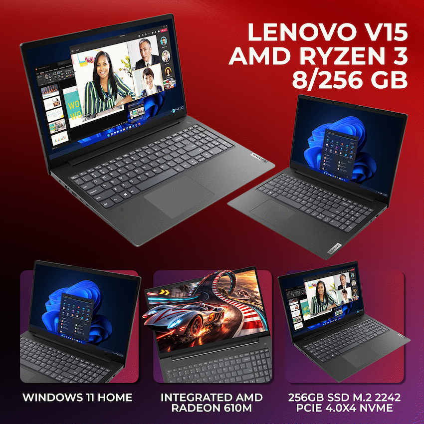 Lenovo V15 G4 AMN 15.6-inch FHD AMD Ryzen 3 7320U 8GB RAM 256GB SSD Win 11 Home Laptop - Black