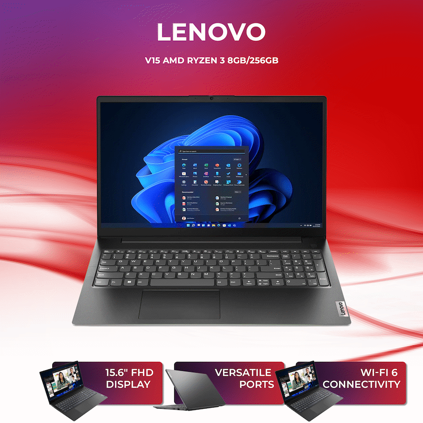 Lenovo V15 G4 AMN 15.6-inch FHD AMD Ryzen 3 7320U 8GB RAM 256GB SSD Win 11 Home Laptop - Black