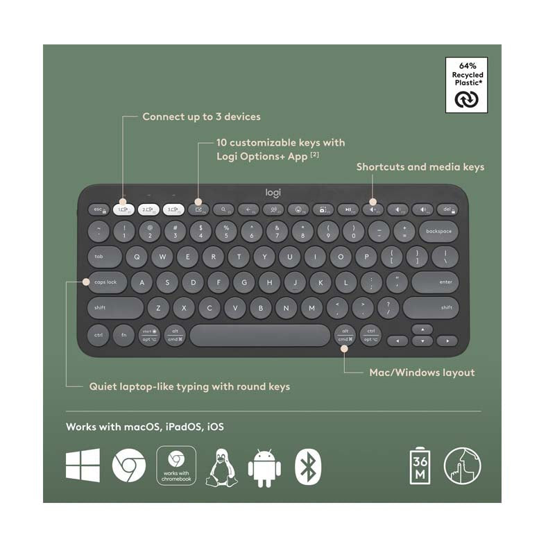 Logitech Pebble Keys 2 K380s Multi-Device Bluetooth Keyboard - Tonal Graphite - Graphite - Computer Peripherals