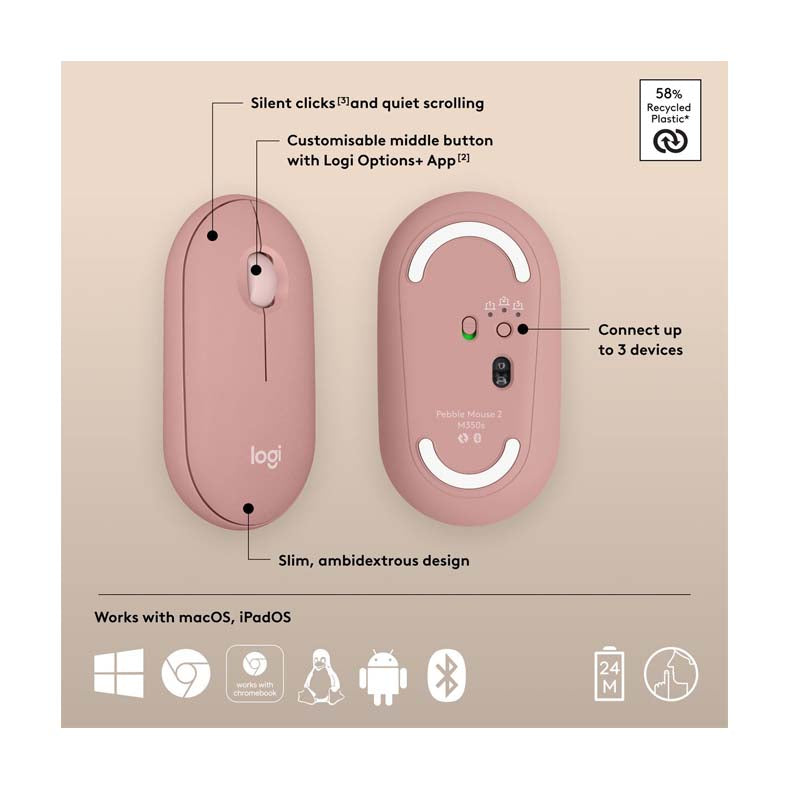 Logitech Pebble M350s Slim Bluetooth Wireless Mouse - Tonal Rose - Tonal Rose - Computer Peripherals