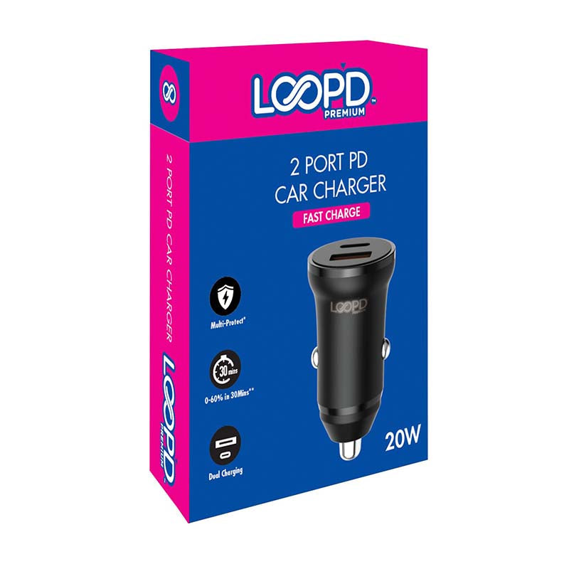 LOOPâ€™D Dual Port 20W PD Car Charger - Black - Black