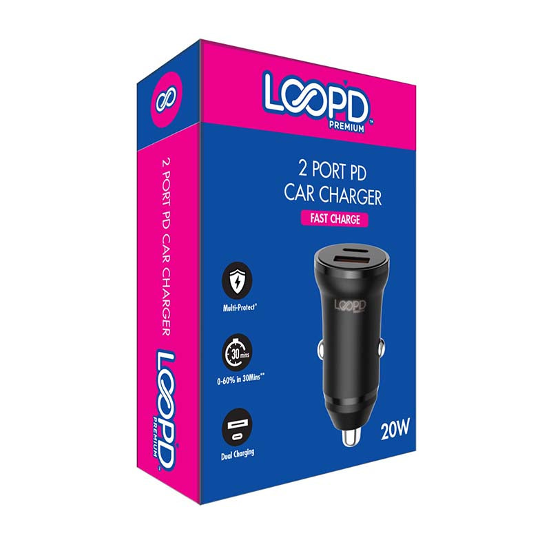 LOOPâ€™D Dual Port 20W PD Car Charger - Black - Black