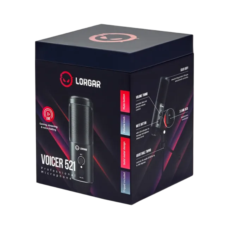 Lorgar Voicer 521 USB Condenser Gaming Microphone with Tripod Stand - Black - Black