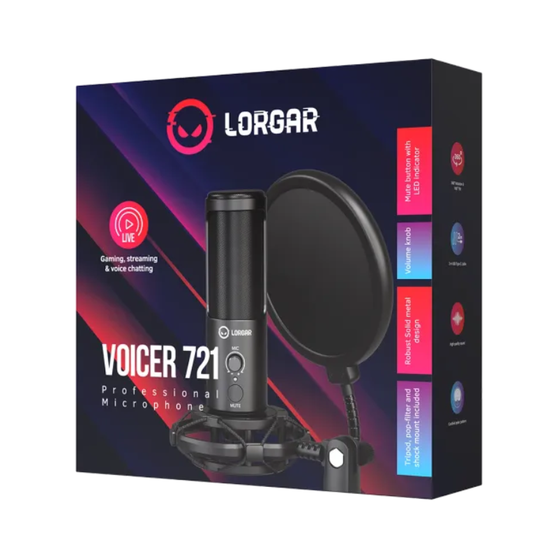 Lorgar Voicer 721 USB Condenser Gaming Microphone with Tripod Stand - Black - Black