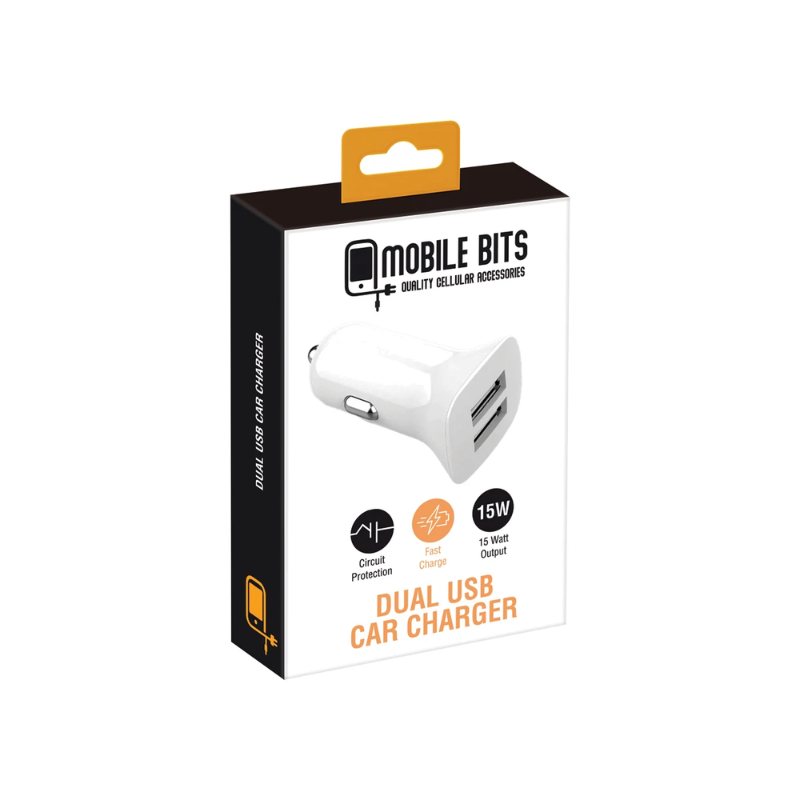 Mobile Bits 15 Watt Dual USB A Car Charger - White - White