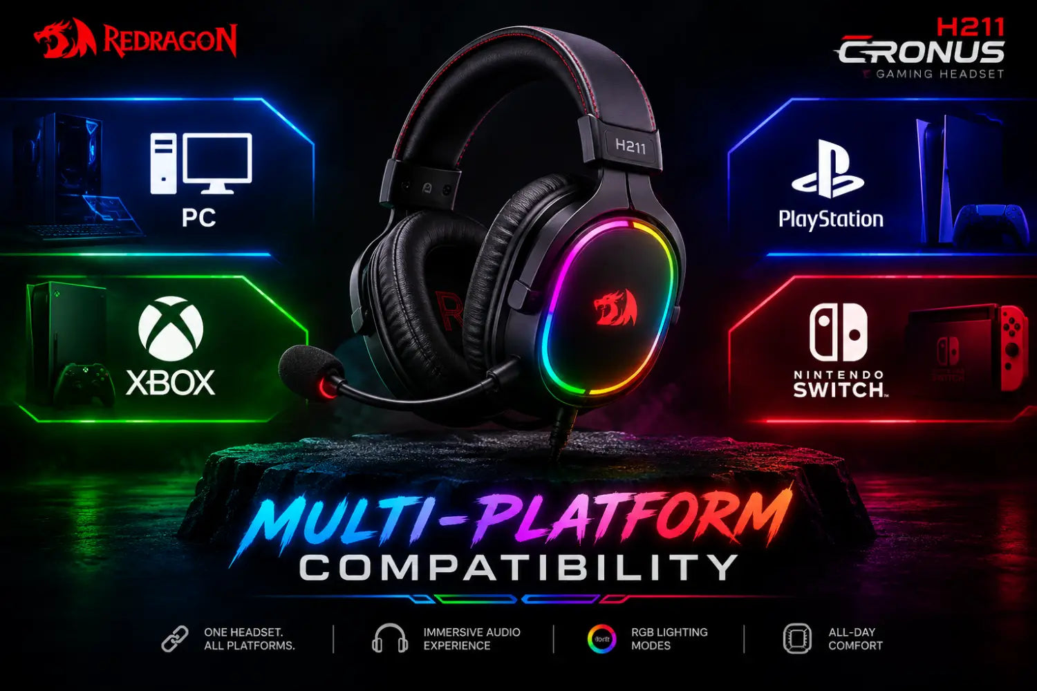 Redragon H211 CRONUS Surround Sound RGB Wired Gaming Headset - Black