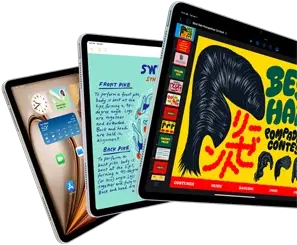 Three iPad Air displays showing iPadOS and apps features