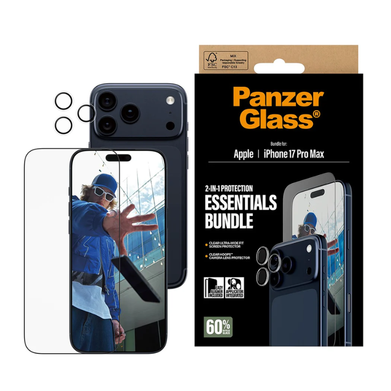 PanzerGlass 2-in-1 Essentials Bundle iPhone 17 Pro Max | Ultra-Wide Fit + Hoops - Clear