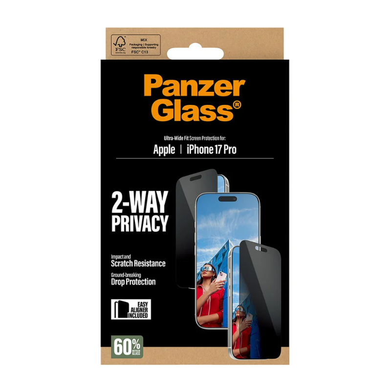 PanzerGlass 2-Way Privacy Screen Protector Apple iPhone 17 Pro | Ultra-Wide Fit EasyAligner - Clear
