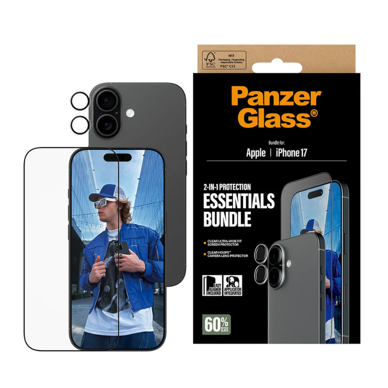 PanzerGlass Essentials Bundle Apple iPhone 17 | Ultra-Wide Fit + Hoops - Clear
