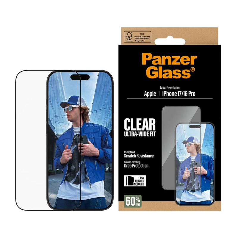 PanzerGlass Screen Protector Apple iPhone 17 | iPhone 16 Pro | Ultra-Wide Fit EasyAligner - Clear