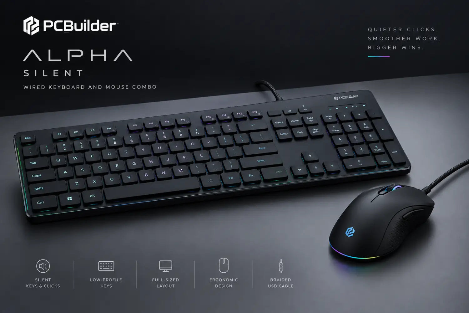 PCBuilder ALPHA Silent Wired Keyboard and Mouse Combo
